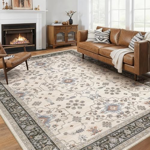 10x12 Area Rugs for Living Room - Large Carpet Ultra Thin Soft Washable Oriental Vintage Floral Distressed Big Indoor Carpets for Bedroom Nursery Dorm Home Decor Aesthetic - Brown Black by homewill