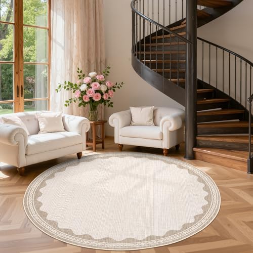 GarveeHome Scalloped Beige 6ft Round Rug Washable Non-Slip Soft Ultra-Thin Small Circle Modern Cottage Core Solid Carpet for Entryway Kitchen Bedroom Nursery Dining Room - Image 2