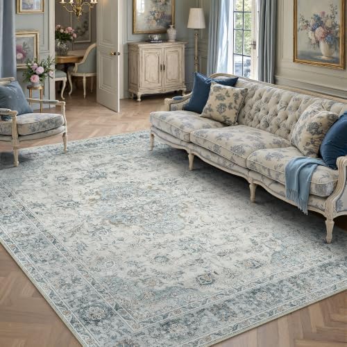 HUGEAR 6x9 Light Blue Retro Floral Washable Area Rug for Living Room by HUGEAR