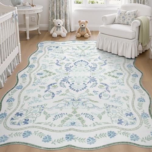 DCX Blue and Green 5x7 Rug, Washable Botanical Scalloped Rug - Image 4
