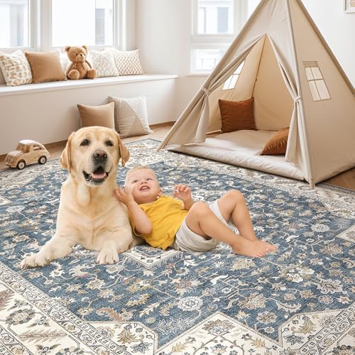 cotiled 12x15 Area Rug for Living Room, Washable, Traditional, Vintage Blue - Image 4