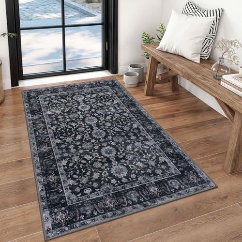 KUTA 3x5 Rugs for Entryway Vintage Black Grey Orange Area Rug Washable by KUTA