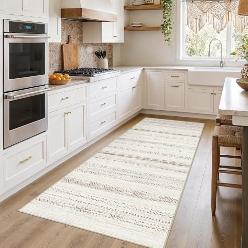 Nakagishi Runner Rug Kitchen Washable Rugs: 3x8 Non-Slip Boho Soft Modern Stain Resistant Indoor Floor Neutral Farmhouse Throw Carpet for Hallway Bathroom Laundry Room Entryway Bedroom- Brown by NakagishiAreaRug