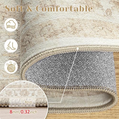 6x9 Area Rugs for Living Room: Washable Vintage Floral Rug Low Pile Non-Slip Boho Carpet for Nursery Bedroom Dining Room (Vintage Beige, 6'x9') - Image 5