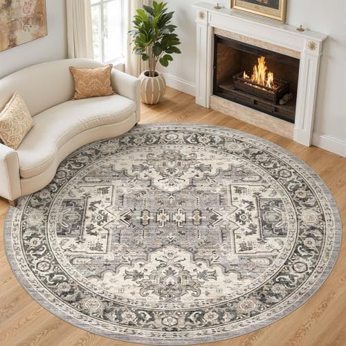 Area Rug for Living Room - 8x8 Soft Machine Washable Oriental Vintage Floral Distressed Large Indoor Floor Carpet for Bedroom Under Dining Table Home Office Decor - Brown by homewill