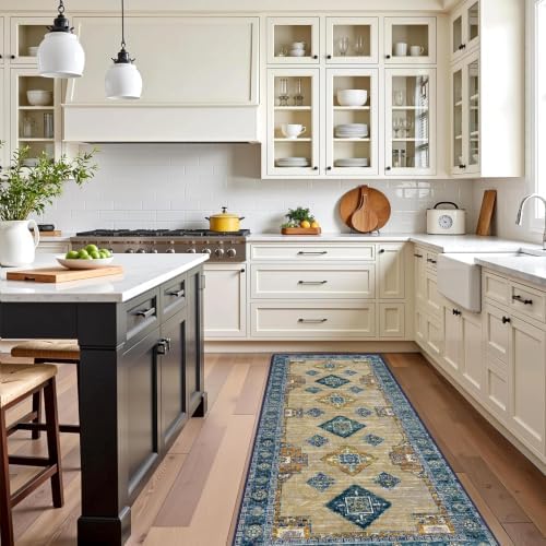 Kitchen Rugs Sets of 3 Non Slip Washable Kitchen Mats for Floor, Tan Blue - Image 6