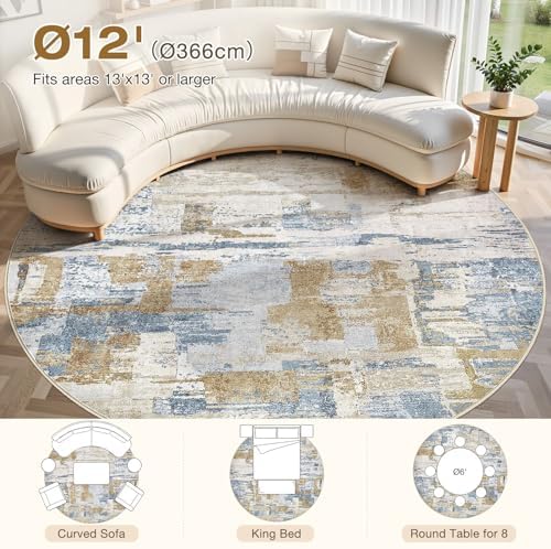 kakania Abstract 12x12 Round Rugs for Living Room: Circle Rugs 12FT Blue Gold - Image 2