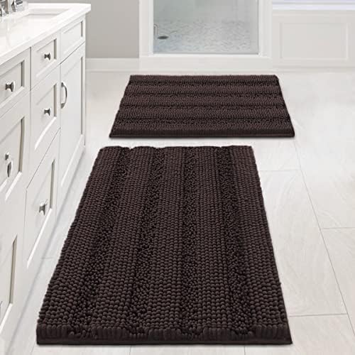 Non Slip Thick Shaggy Chenille Bathroom Rug Mat Set Extra Soft and Absorbent Striped Floor Rugs, 2 Piece, Machine-Washable by HVERSAILTEX
