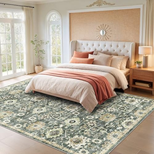 Amada Large 9x12 Washable Area Rug for Living Room, Green/Brown, Vintage - Image 3