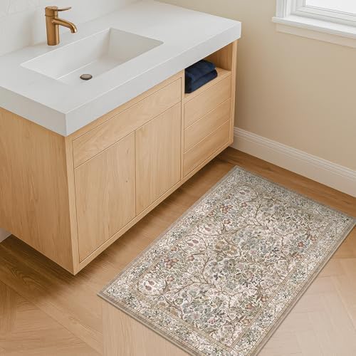 Moss Green Washable 2x3 Entry Rug - Front Door Rugs Indoor, Vintage Floral Style Small Rug for Kitchen, Bathroom, Non-Slip Boho Vintage Dark Taupe Entryway Décor - Image 6