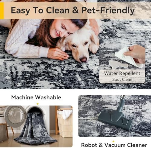 RELEANY Washable 9'x12' Abstract Area Rug for Living Room Black White - Image 4