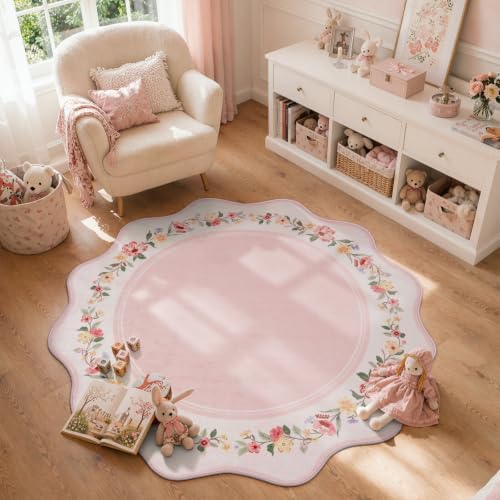 Lahome Round Pink Floral Rug 4ft, Scalloped Reading Nook Rug - Image 3