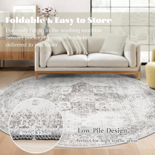 Round Rugs 6ft Washable Rug, Vintage Boho Medallion Rugs Non-Slip Soft Low Pile Circle Distressed Rug Indoor Retro Carpet for Living Room Bedroom Dining Room Home Office (Grey, 6' Round) - Image 7