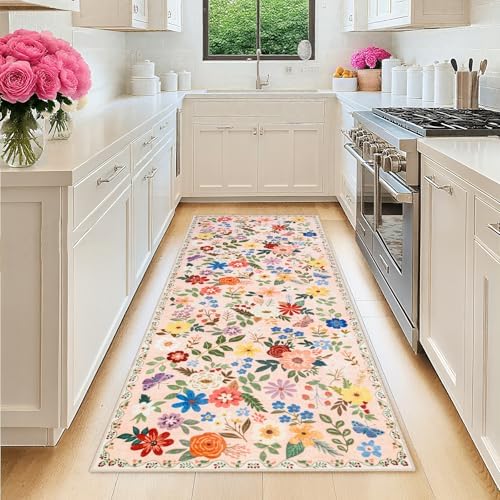 PLHXFR 2x6 Washable Runner Rug：Floral Indoor Kitchen Soft Carpet Beige by PLHXFRSoftAreaRugs