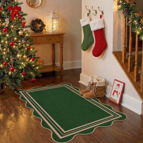 Easy Jute Green Christmas Front Door Mat, 2.6x4 Washable Entryway Rug Non Slip Small Kitchen Rug, Farmhouse Low Pile Floor Scalloped Rugs for Bathroom Porch Doorway - Image 2