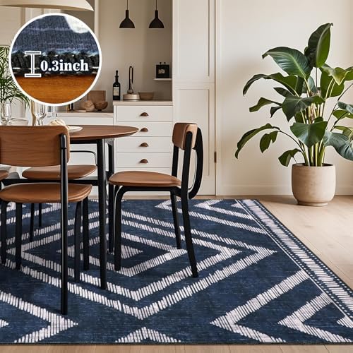 Boho Washable Rugs 6x9ft for Living Room, Navy Blue Low Pile Bedroom Area Rugs Non Slip, Moroccan Soft Kids Nusery Area Floor Carpets for Dining Room Playroom Kitchen Home Office Decor - Image 4