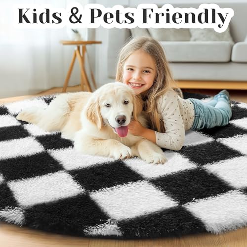 KICMOR Round Rugs 6ft for Bedroom Living Room, Black and White Fluffy Soft Circle Area Rug Fuzzy Shag Shaggy Carpet, Large Plush Checkered Circular Rug for Kids Room Nursery Home Decor Aesthetic - Image 4