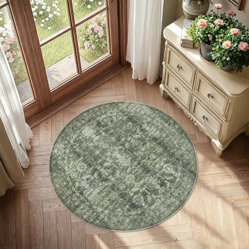 3ft Round Washable Office Rug Non-Slip Retro Dark Green Throw Carpet - Image 4