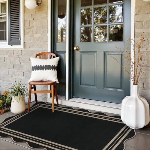 Scalloped Easy Jute 3x5 Front Door Mat, Washable Rugs for Entryway Black Outdoor Patio Rug, Farmhouse Neutral Non Slip Indoor Carpet for Porch Backyard - Image 3