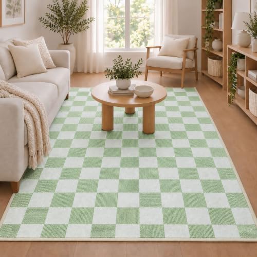 4x6 Checkered Area Rug for Living Room, Soft Low Pile Light Green rugs by Unknown