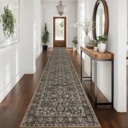 KUTA Vintage Washable Long Hallway Runner Rug 2.6x16 Brown Kitchen Rug by KUTA