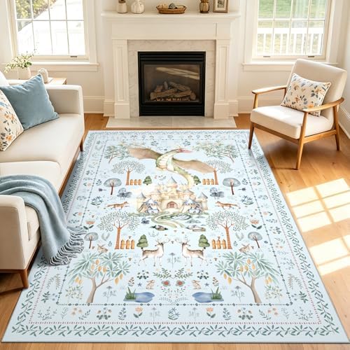 nesrt Washable Dragon Area Rugs for Living Room 5x7Ft Non Slip, Light Blue Animal Print Dining Room Rugs Low Pile, Soft Castle Kids Nursery Floor Carpets for Playroom Bedroom Kids Room Boys and Girls by nesrt
