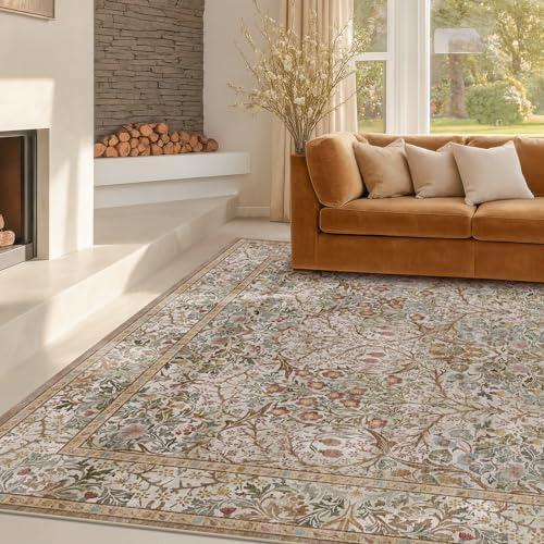 Washable Dining Room Rugs for Under Table - 6x9 Moss Green Oriental Area Rug for Living Room, Low Pile Non-Slip Floor Carpet for Bedroom Under Bed - Vintage Brown Neutral Design & Stain Resistance - Image 3