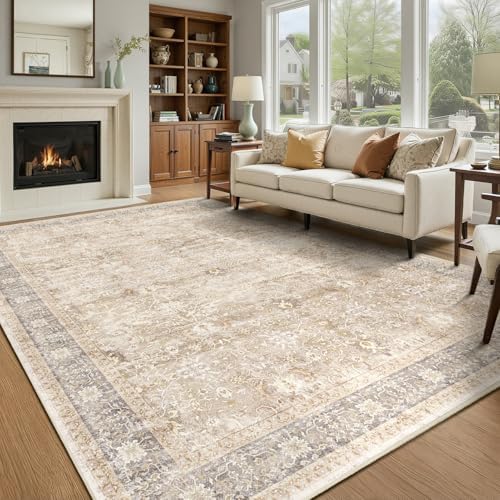 Vintage Neutral 7x9 Rugs for Bedroom, Washable Non Slip Low Pile Thin Area Rug for Living Room Dining Room, Farmhouse Carpet Rug for Playroom Guest Room Home Office, Earth Tone Beige Taupe by Jainmy