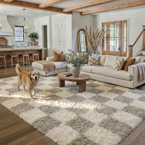 PureCozy Grey 7x10 Area Rug for Living Room Soft Checkered Shag Carpet - Image 2