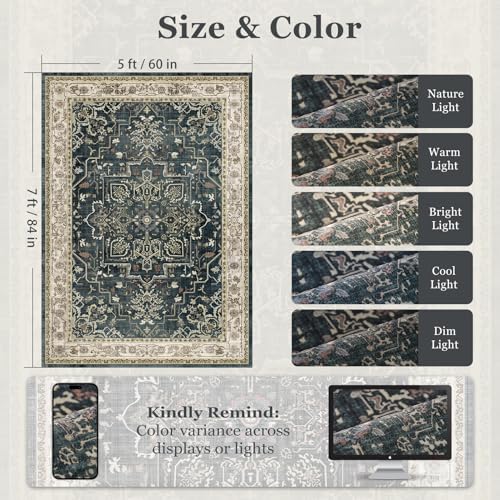 Distressed Vintage 5x7 Area Rugs for Living Room Bedroom Non Slip Washable, Medallion Pattern Printed Low Pile Farmhouse Carpet Rugs for Dining Room/Kitchen/Home Office, Midnight/Multi - Image 2