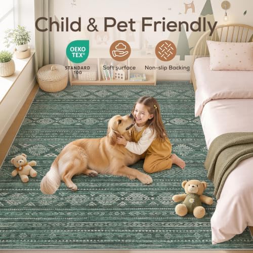 Nakagishi 7x9 Area Rugs Living Room: Washable Boho Large Neutral Soft Farmhouse Rug Stain Resistant Modern Indoor Floor Non-Slip Carpet for Bedroom Nursery Kids Playroom Office Dining Room Dorm- Green - Image 5
