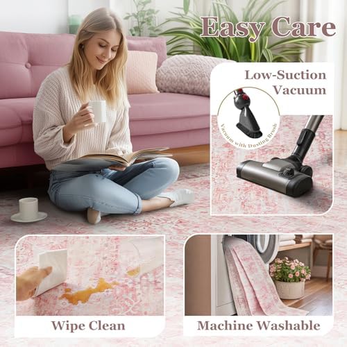 Large Pink Living Room Rug 9x12, Aesthetic Distressed Area Rugs for Bedroom Girls Playroom, Washable Non Slip Nursery Rug Stain Resistant, Low Pile Thin Carpet Rug for Dining Room Home Office - Image 6
