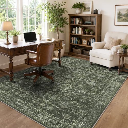 5x8 Washable Bedroom Area Rug Non-Slip Retro Dark Green Throw Carpet - Image 2