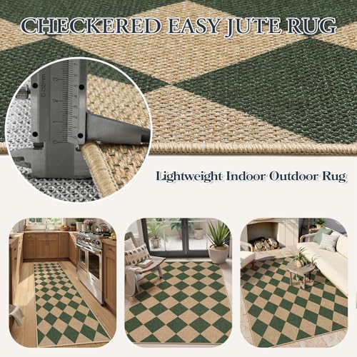 Lahome Checkered Easy Jute 3x5 Outdoor Patio Rug, Washable Rugs Green - Image 5