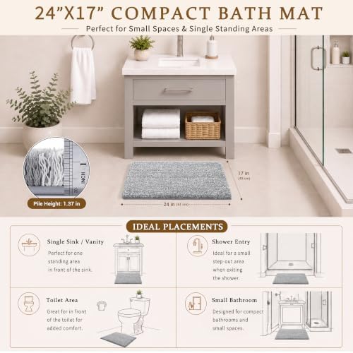 Yimobra Bathroom Rugs Non Slip Washable, Ultra Soft and Water Absorbent Bath Mats, Fluffy Shower Mat Outside, Plush Matts for Bathroom Floor/Sink, 24X17, Home Decor Accessories, Light Gray and White - Image 5