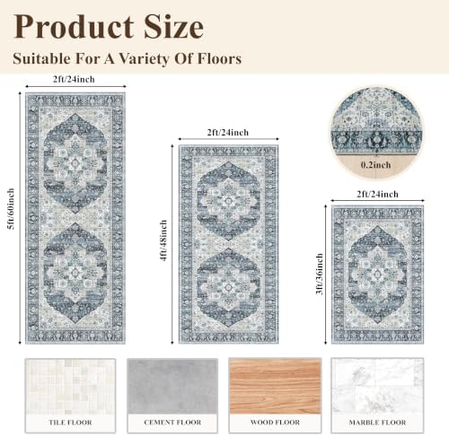 Kitchen Mats for Floor 3 Piece Set: Non-Slip Washable Boho Area Rugs and Runner for Sink,Entryway,Bathroom Soft Low Pile Throw Rugs Floor Carpet for Laundry, Hallways,Entrance(Blue,2x3+2x4+2x5) - Image 2