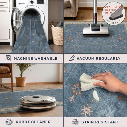 Washable 3x8 Throw Rug for Hallway - Blue Rugs for Entryway Indoor, Bedroom Bedside, Mudroom, Boho Eclectic Modern Décor, Non Slip Low Pile Fade Resistant - Image 3