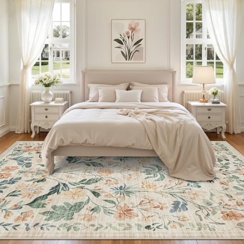 9x12 Area Rugs Boho Floral Washable Living Room Rug Neutral Carpet Bedroom - Image 3