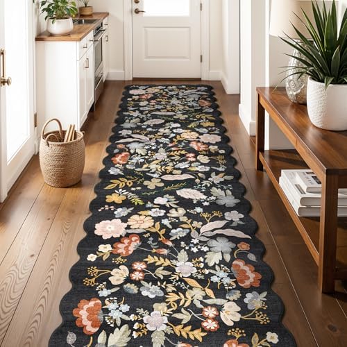 3x15 Hallway Runner Rug Washable: Scalloped Floral Long Kitchen Rug Black by BYYVOORugsforYourHome