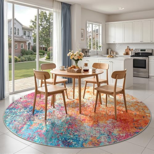 Rugflix Washable 8ft Round Area Rug, Rainbow Abstract Rug for Living Room - Image 2