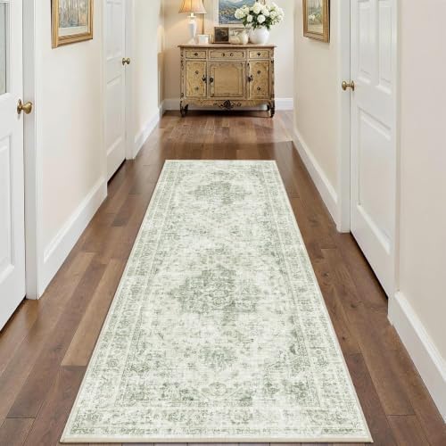 2.6x8 Washable Kitchen Runner Rug Soft Medallion Green Throw Carpet - Image 4