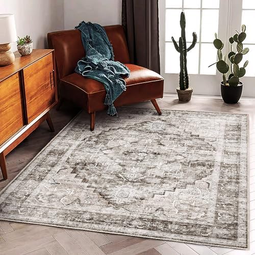 CHAMPLANT 3'x5' Deep Khaki Vintage Washable Thin Area Rug Traditional Floor Cover Foldable Indoor Distressed Non Slip Carpet for Bedroom Living Room Bathroom by CHAMPLANT