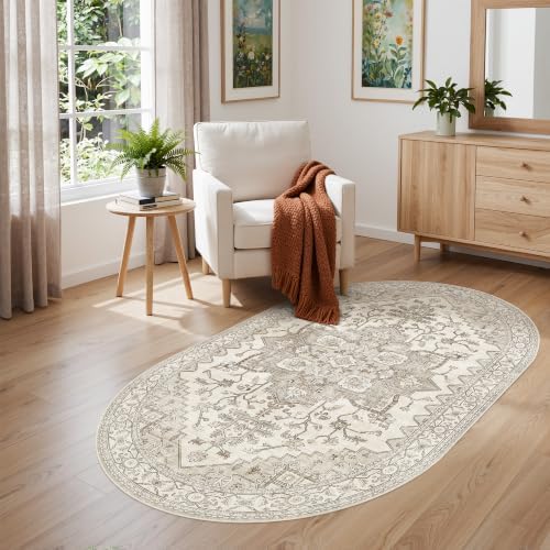 Madane Oval Rug 3x5 for Entryway Kitchen, Small Oval Area Rugs, Beige/Brown - Image 2