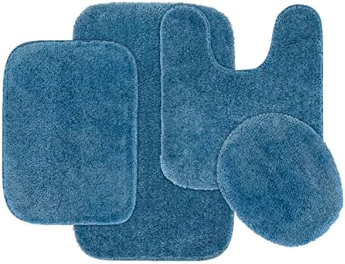 Garland Rug Traditional Nylon Washable Basin Blue 4 Piece Set - Lid, Contour, 2 Bath Rugs - Soft, Absorbent, and Stylish for Your Bathroom by Garland+Rug