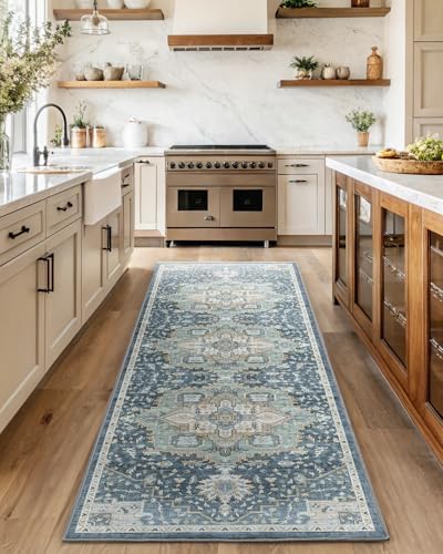 Amada 2'6x8' Washable Runner Rug for Hallway, Blue/Yellow, Vintage Style - Image 3