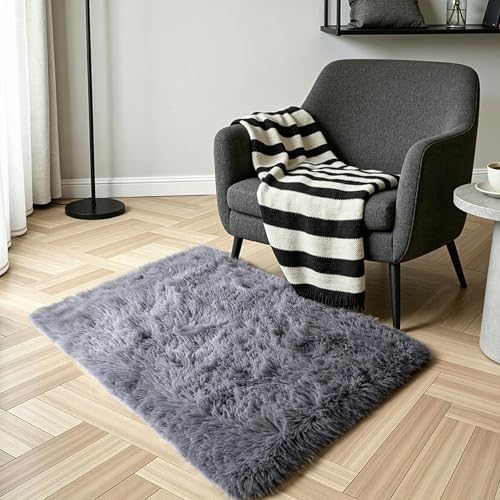 KICHOWUA Grey Fluffy Shag Rug 2x3, 2 Pcs Soft Plush Fuzzy Washable Non Slip - Image 6