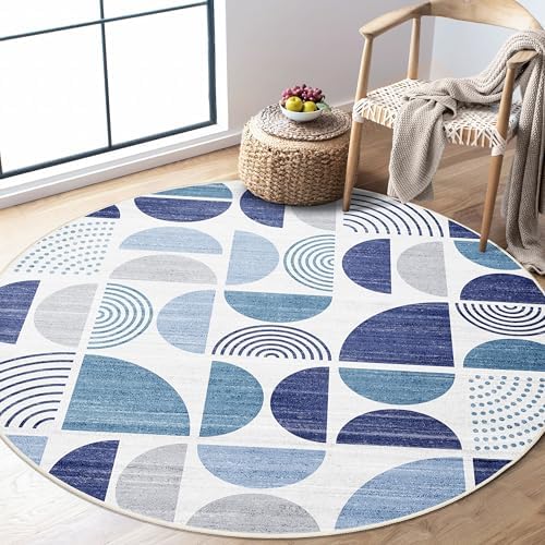 MUJOO Round Rugs 5ft,Circle Area Rug Washable Non Slip Modern Abstract by MUJOO