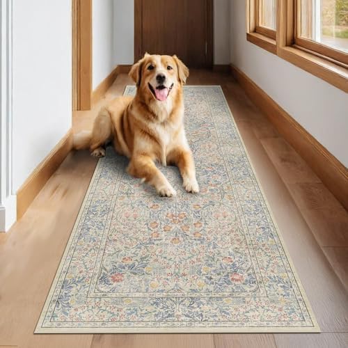 Hazo Haus Floral 3x8 Wide Hallway Runner - Beige Blue with Lilic Accent, Boho Forest Decor, Washable Low Pile Non Slip Stain Resistant Rug for Long Kitchen, Large Bathroom, Hall Way - Image 6