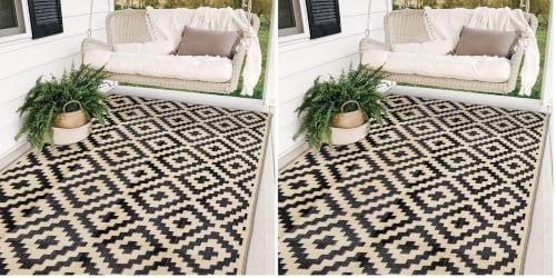 SAND MINE Waterproof Outdoor Rug 5x8 ft, Plastic Reversible Rug, Modern Area Rug, Large Floor Mat for Outdoors, RV, Patio, Backyard, Deck, Picnic, Beach, Camping, Black & Beige (Pack of 2) by SANDMIND