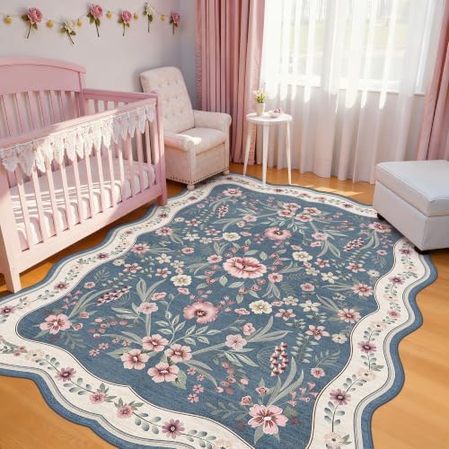 Scalloped Floral Rug 6x9, Dusty Blue Washable Non Slip Area Rug for Girls Bedroom, Soft Low Pile Vintage Rug for Living Room,Nursery, Dorm by Dadasgk